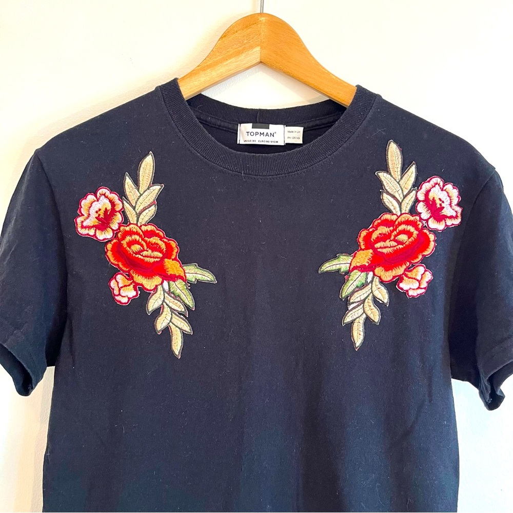 Topshop black and embroidered patch floral tee